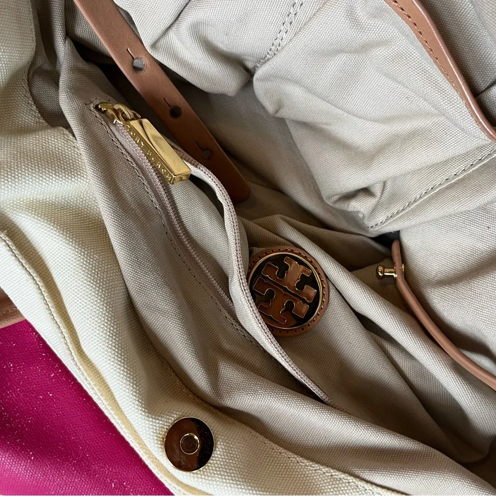 Tory Burch Pink and Cream Canvas Tote Bag